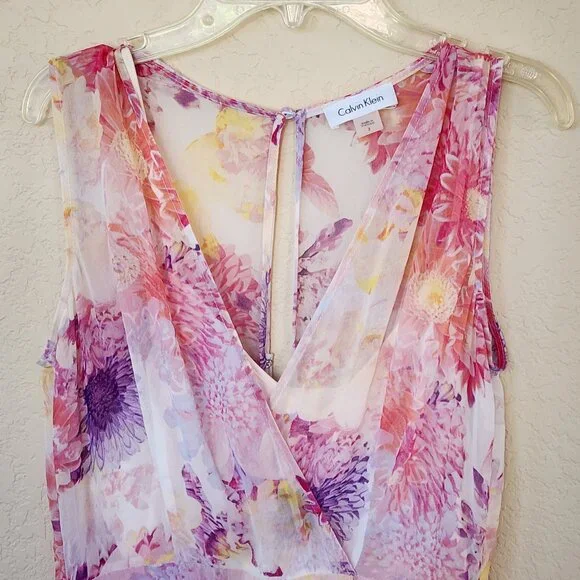 Calvin Klein Dress Sleeveless V-Neck Pink Floral Lined Chiffon Hi Lo Midi Sz 2 - Picture 3 of 10